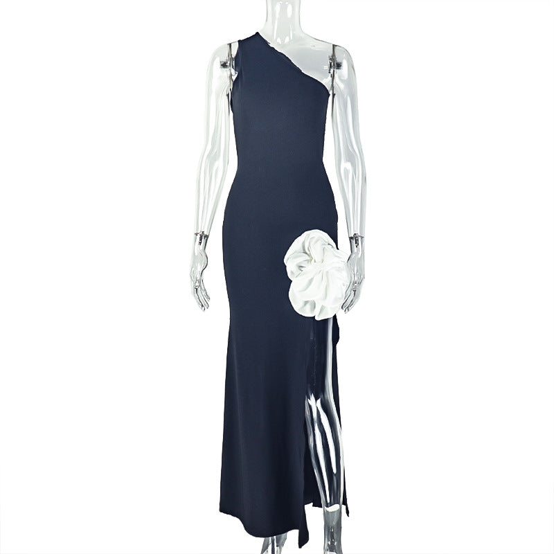 European and american style cross-border black and white fashion women's patchwork backless slit bodycon dress, asymmetrical sleeveless elegant maxi dress