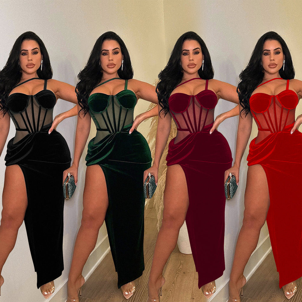 C6732 cross-border   fashion women's solid color mesh suspender slit maxi dress