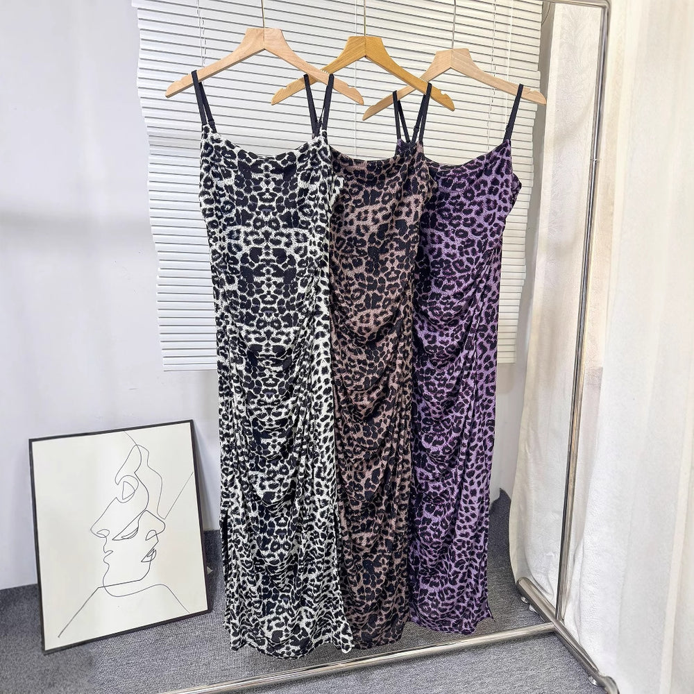 european and american women's clothing  sexy slip dress - cinched waist, bodycon, leopard print, slimming dress