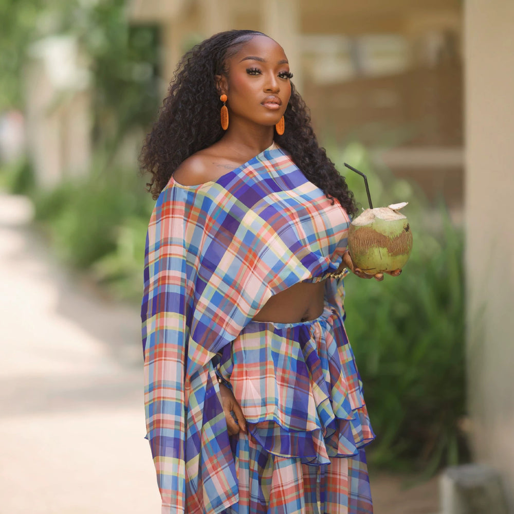 European and american cross-border women's clothing  summer new fashion retro print plaid shirt ruffle hem skirt set