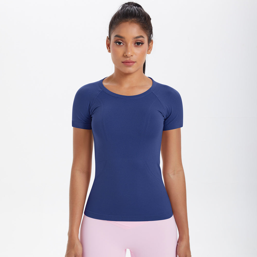 Spring/summer new one-piece knit short-sleeve crew neck sports t-shirt - running, fitness, slim-fit, breathable yoga top for women