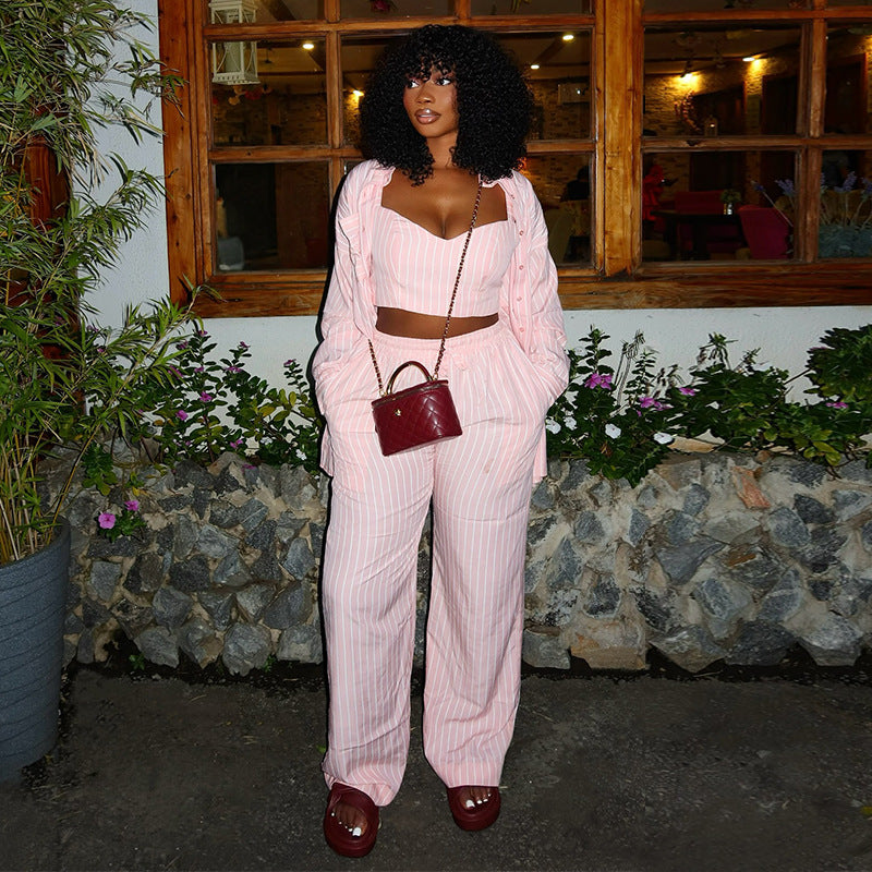 European and american style women's  autumn new collection: striped turn-down collar long-sleeve shirt, sweet vest, and high-waisted straight-leg pants three-piece set