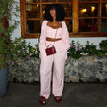 European and american style women's  autumn new collection: striped turn-down collar long-sleeve shirt, sweet vest, and high-waisted straight-leg pants three-piece set