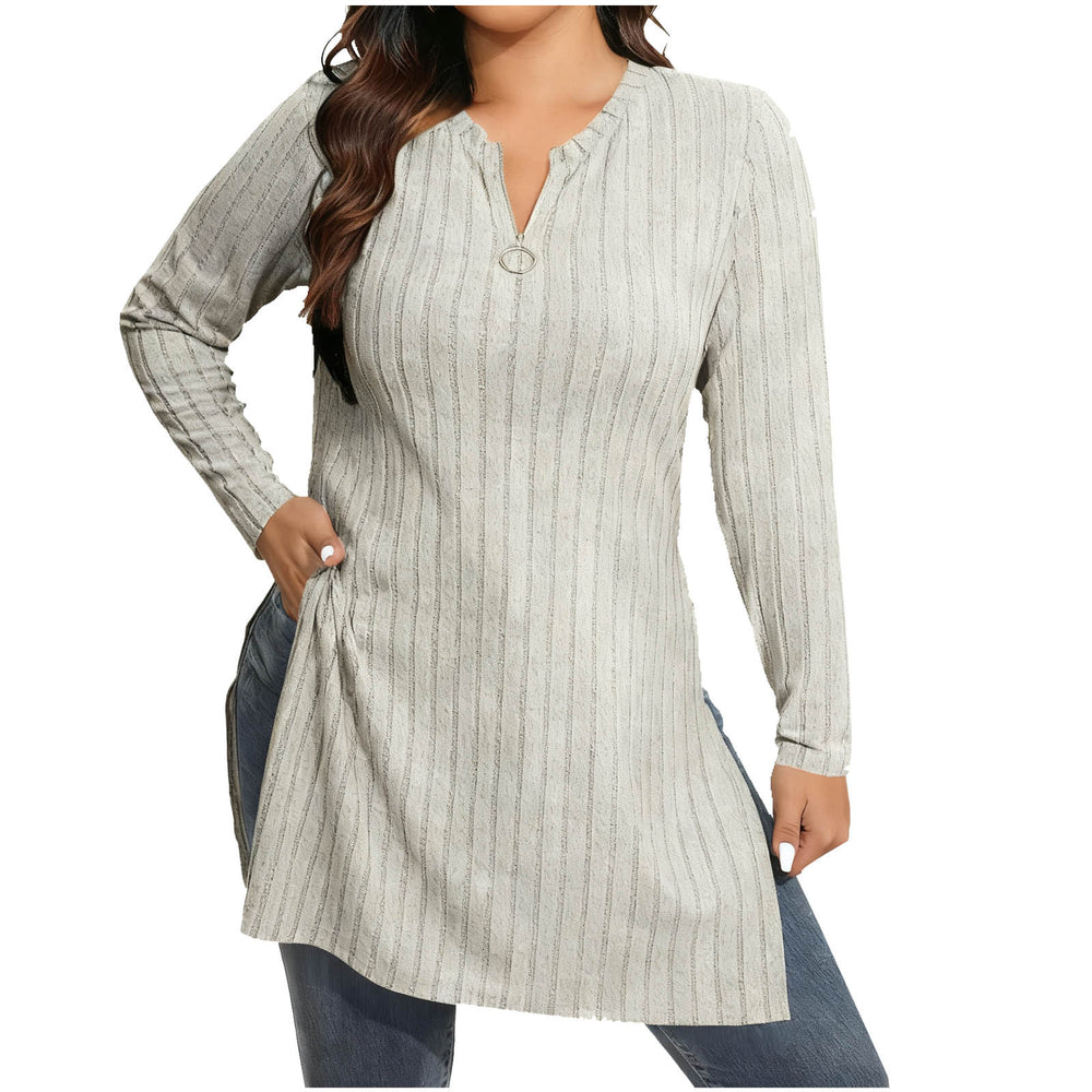 cross-border  women's casual solid color half-zip v-neck loose fit side slit long sleeve top