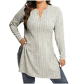 cross-border  women's casual solid color half-zip v-neck loose fit side slit long sleeve top
