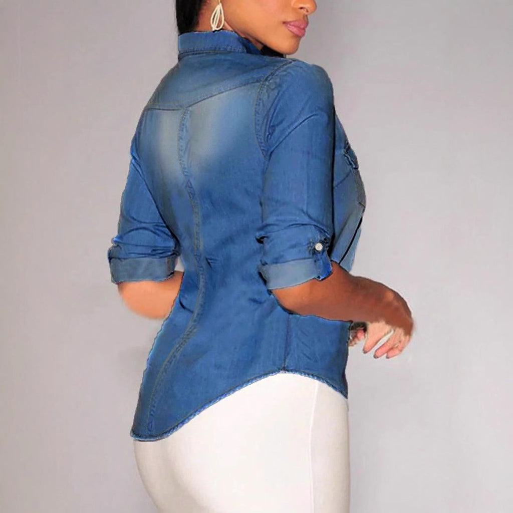 Europe and the United States  spot women's top solid color long-sleeved lapel pocket cardigan irregular hem denim shirt