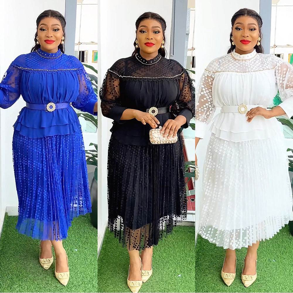 Aliexpress cross-border fashion: new european and american style plus size women's dress - african mesh lace trim, pearl embellished chiffon dress