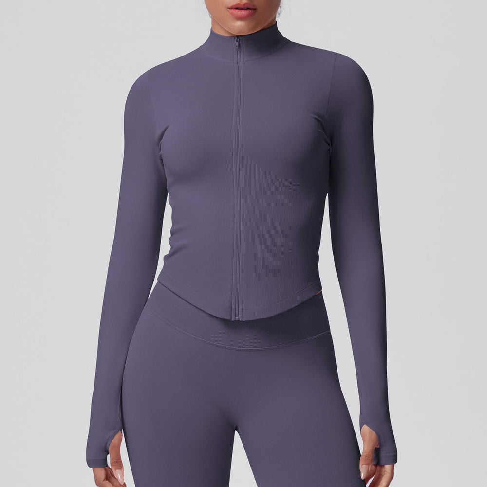 seamless pure color tight high elastic breathable stand collar zipper outwear sports running fitness yoga wear tops for women