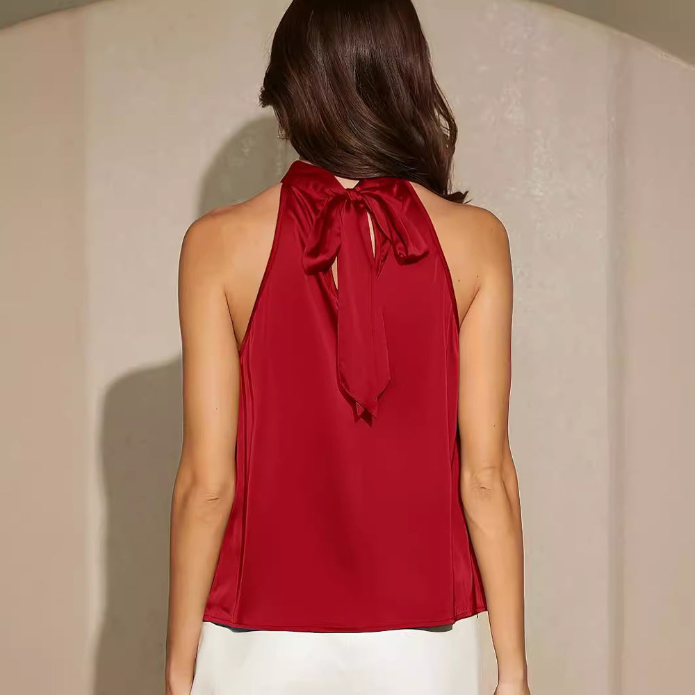 Amazon  european and american cross-border e-commerce summer new satin tank top women's solid color off-shoulder halter tie-up top