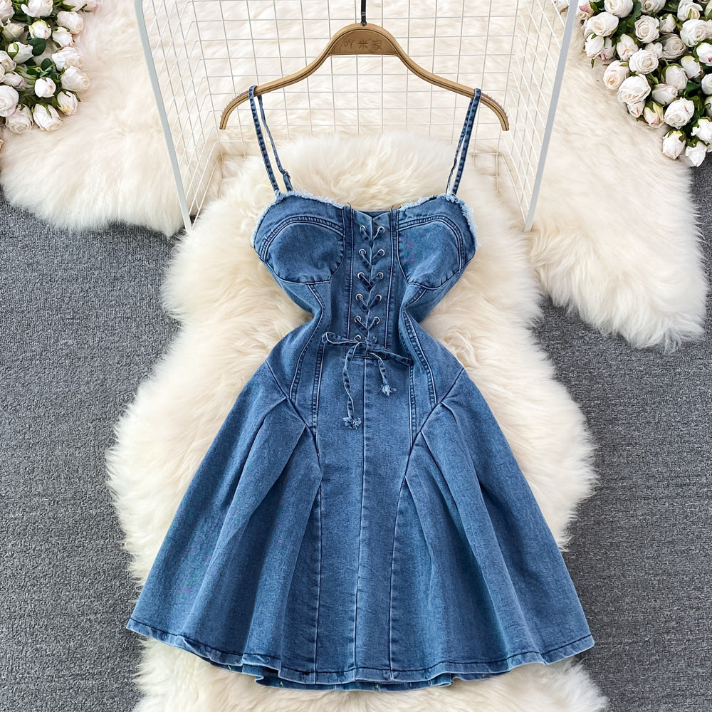 summer new arrival: tie-waist, slim-fit, backless, sleeveless, sexy & sweet spicy denim a-line dress for women