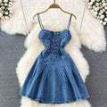 summer new arrival: tie-waist, slim-fit, backless, sleeveless, sexy & sweet spicy denim a-line dress for women