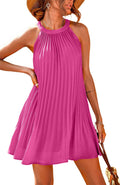 european and american  new women's cute halter sleeveless mini dress solid color pleated beach cover-up