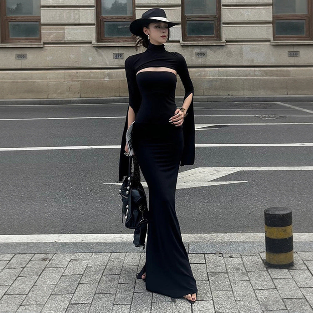 European and american niche design high-end black slim-fit mermaid dress with high neck, cutouts, slit, and slimming long dress