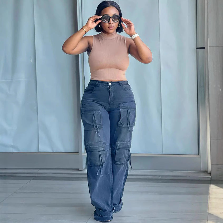 European and american style high-waisted jeans -  cross-border women's fashion trendy multi-pocket straight-leg cargo casual pants