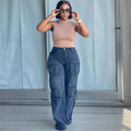 European and american style high-waisted jeans -  cross-border women's fashion trendy multi-pocket straight-leg cargo casual pants