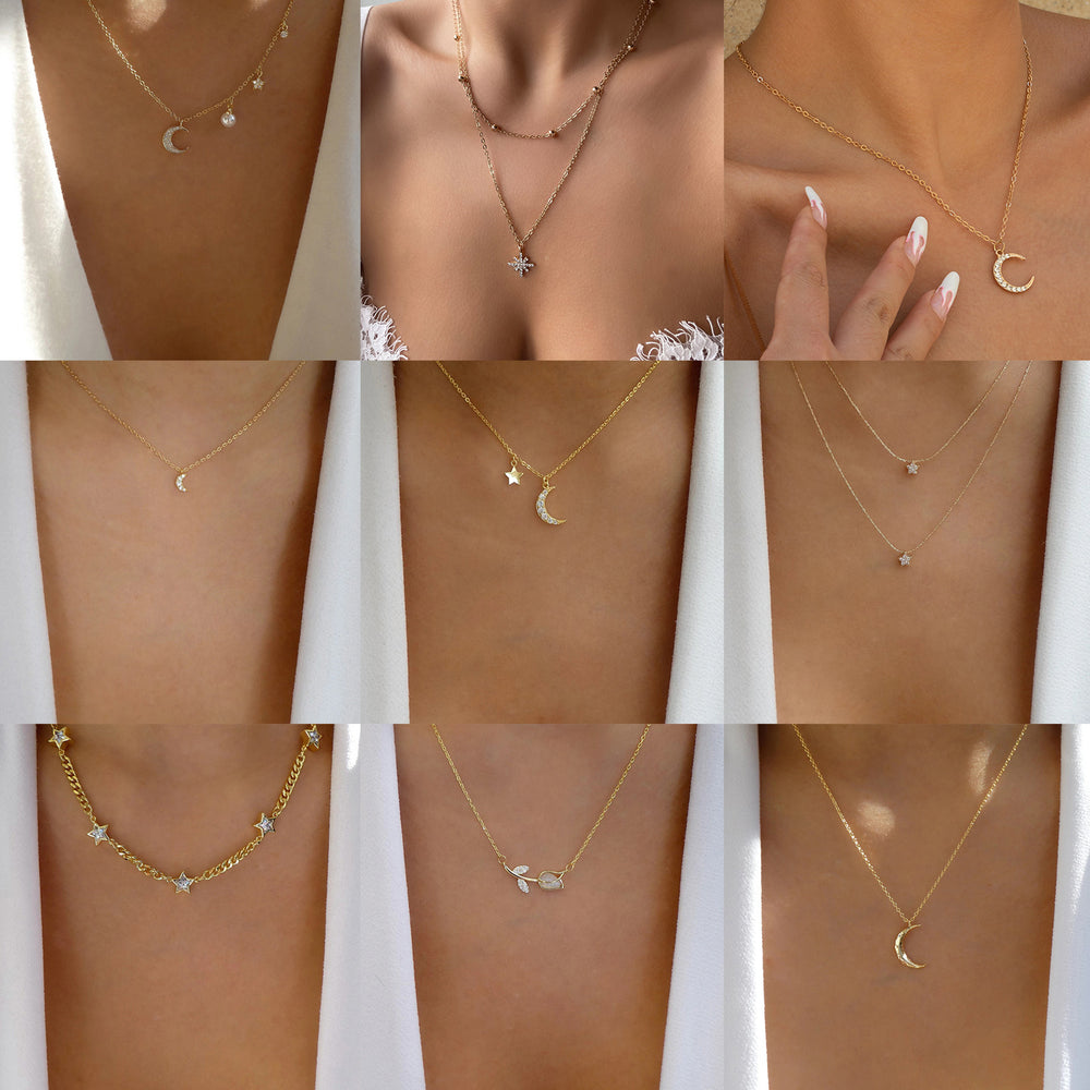 Wholesale rhinestone pendant necklaces - european & american style, cross-border, alloy, minimalist, versatile jewelry for women - star, moon, and clavicle chains
