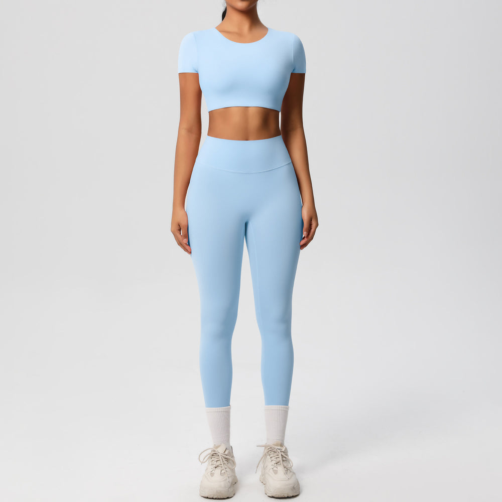 Ready-to-ship cross-border double-sided nylon brushed naked feel tight-fitting activewear yoga set - running & fitness short sleeve two-piece outfit