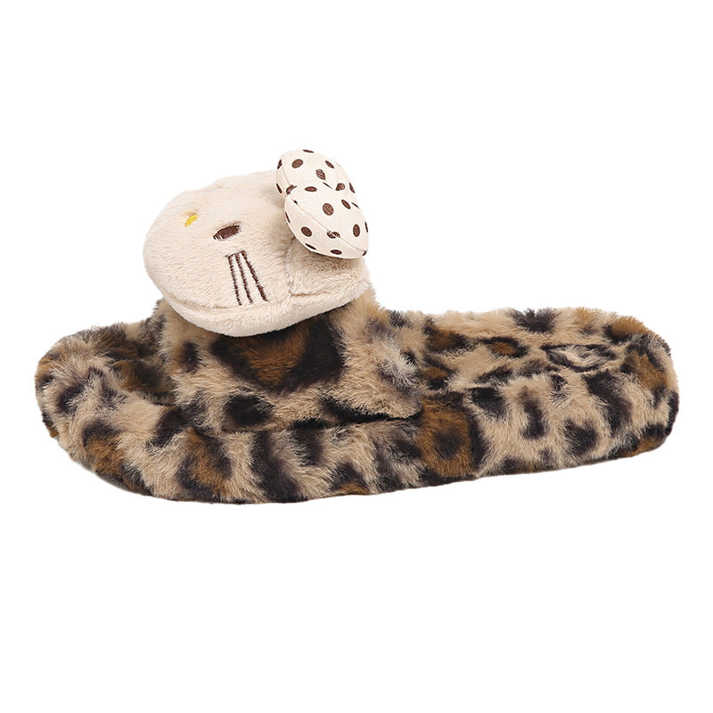 Cream style cute bowskt cat fur slippers women's new autumn winterthick solefleece-lined one-line leopard print cotton slippers