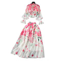 spring resort style two-piece set: women's elegant tie-waist lantern sleeve printed blouse + high-waisted drape midi skirt