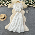 Vacation style bubble pleated square neck short-sleeved dress women's high waist pleated a-line skirt slimming lookeleganttwo-piece set