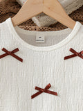 girls' autumn new arrival: bubble sleeve bow texture top + pu leather a-line skirt two-piece set