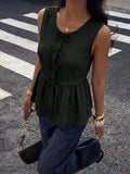 summer new arrival: sleeveless tank top with bow detail, cinched waist, slimming fit, and ruffle hem – a flattering and chic top
