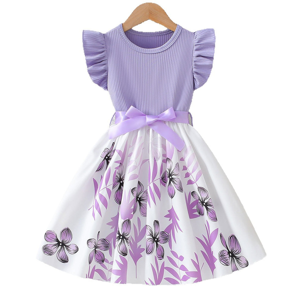 summer children's dress purple knitted flutter sleeve patchwork bowknot floral pattern girls' cute dress