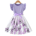 summer children's dress purple knitted flutter sleeve patchwork bowknot floral pattern girls' cute dress
