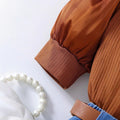 hot selling girls' ruffle-neck bubble sleeve patchwork top & heavy-duty washed denim shorts set with belt