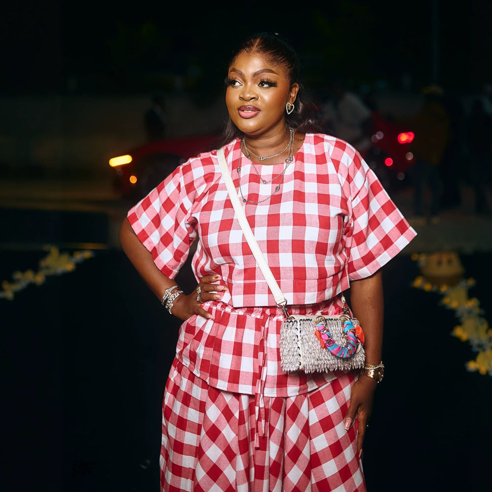 European and american cross-border women's fashion:  summer new collection - stylish round neck plaid cropped top and asymmetrical midi skirt set