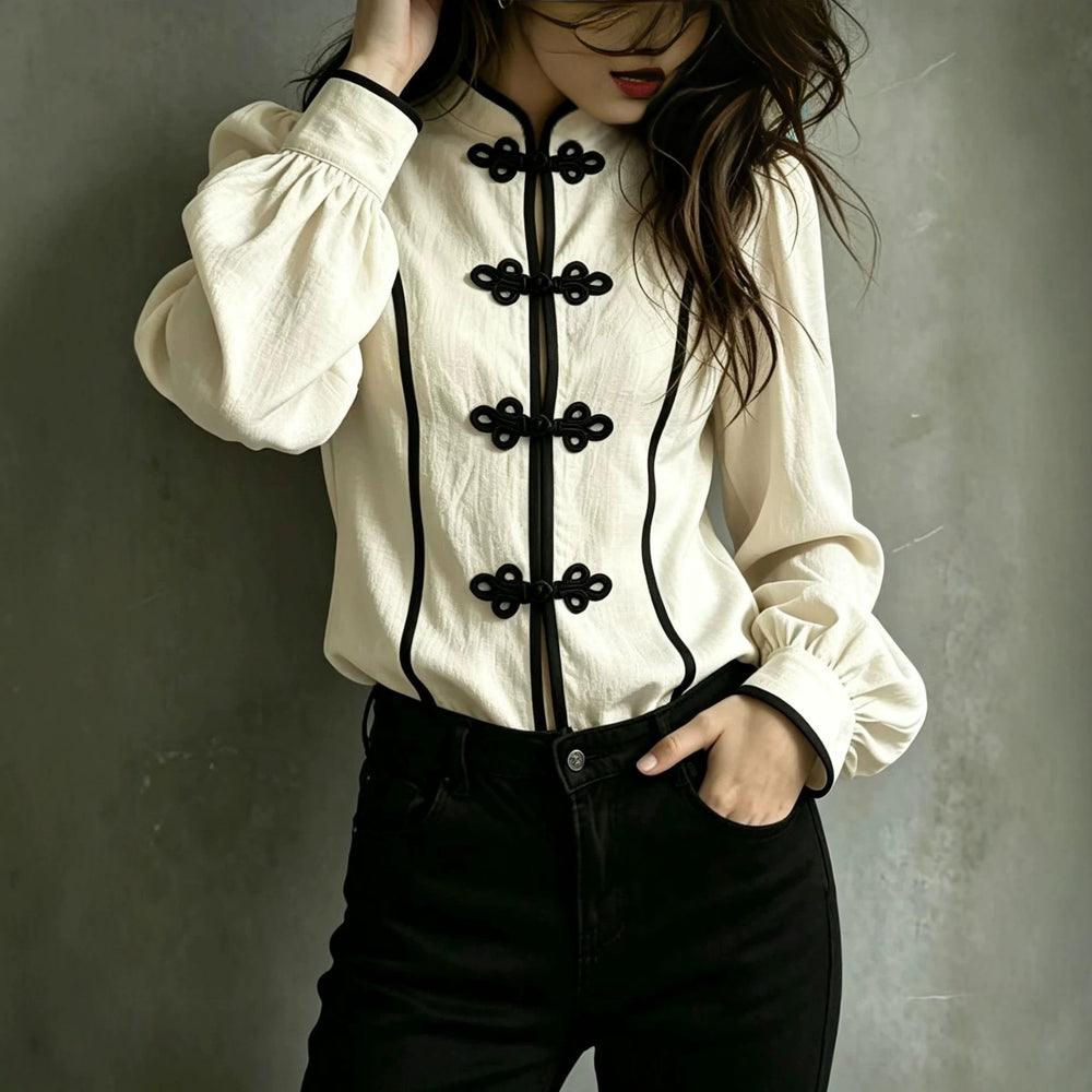 cross-border fashionexportfrenchretro chinese style featured plate button women's round neck slim long sleeves tops