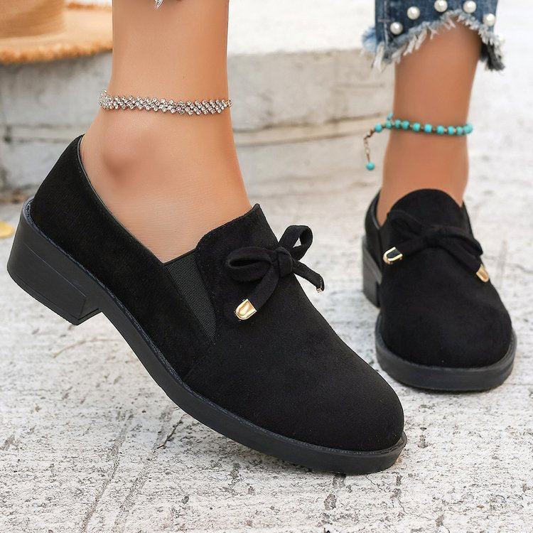 spring new plus size suede shoes, british style chunky heel, foreign trade bowknot slip-on loafers, wholesale