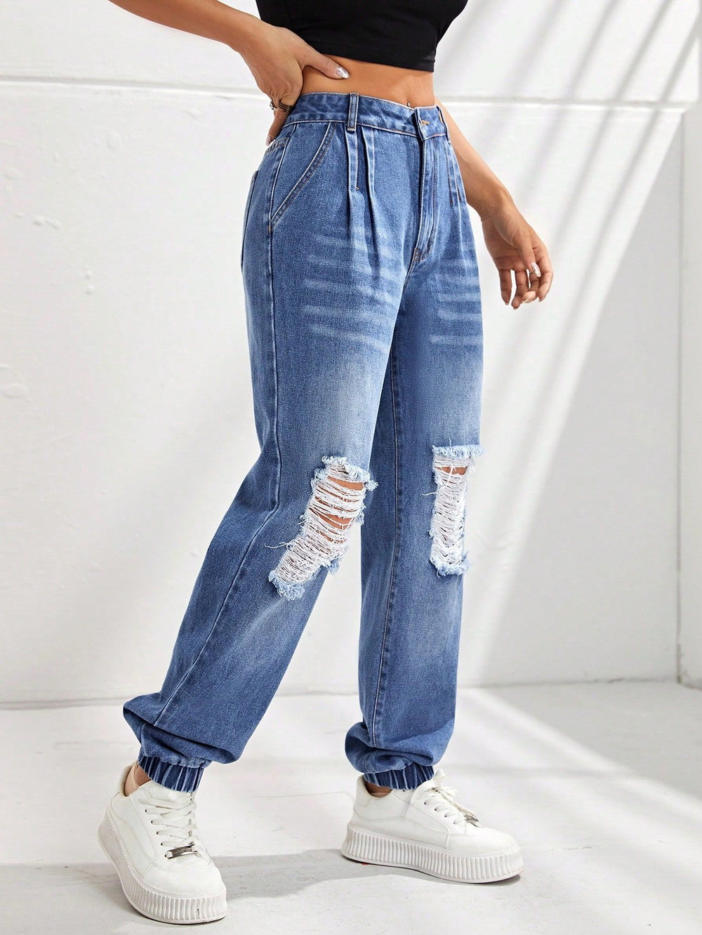 15081#  cross-border women's fashion ins new high-waisted slimming distressed jogger jeans