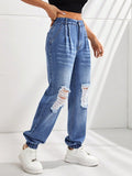 15081#  cross-border women's fashion ins new high-waisted slimming distressed jogger jeans
