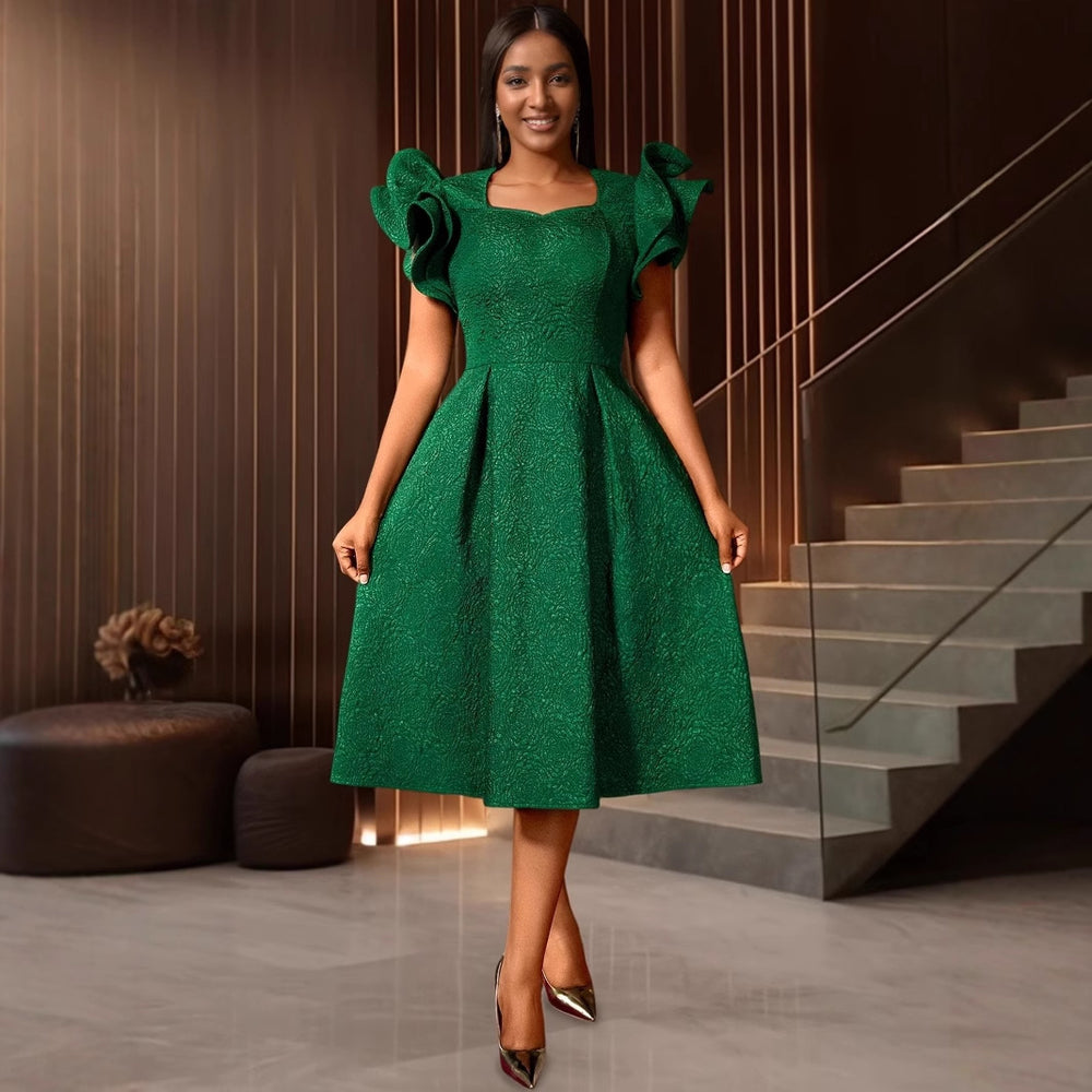 new arrivaleleganceruffles square neck dress rose jacquardhigh waist banquet a swing evening dress dress