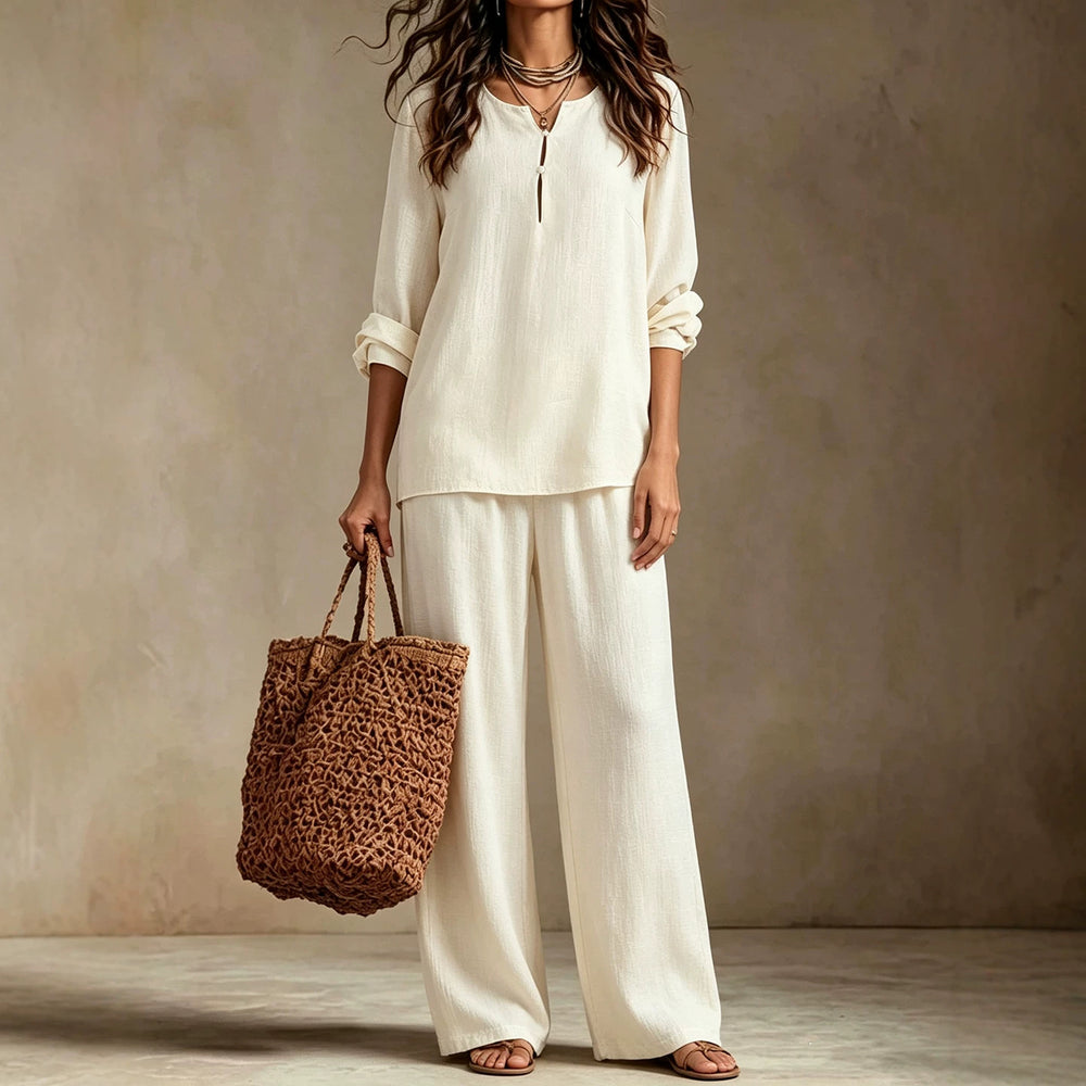 european and american plus size off-white cotton linen two-piece set: small v-neck, half-open placket long sleeve top and loose wide-leg pants