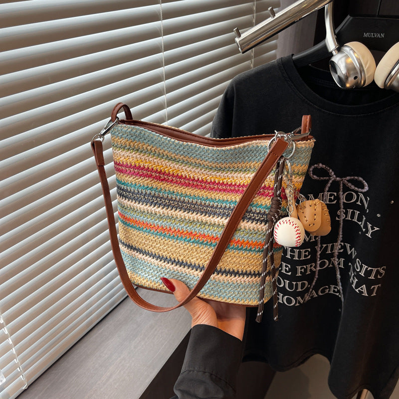 New arrival bucket bag niche style woven bag stripes shoulder bag trendy armpit bag fashion straw bag satchel crossbody bag