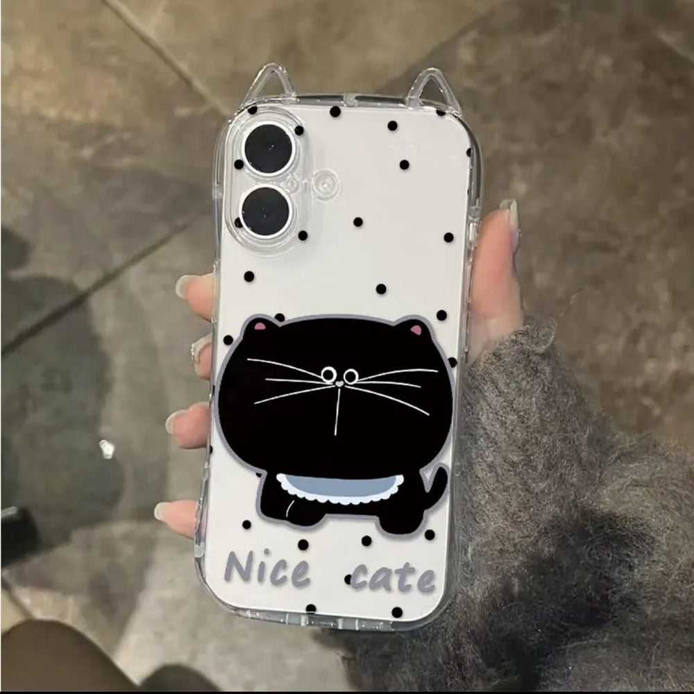 Polka dot black cat new slim waist cat ear phone case for iphone 16 pro max & apple 15 protective cover
