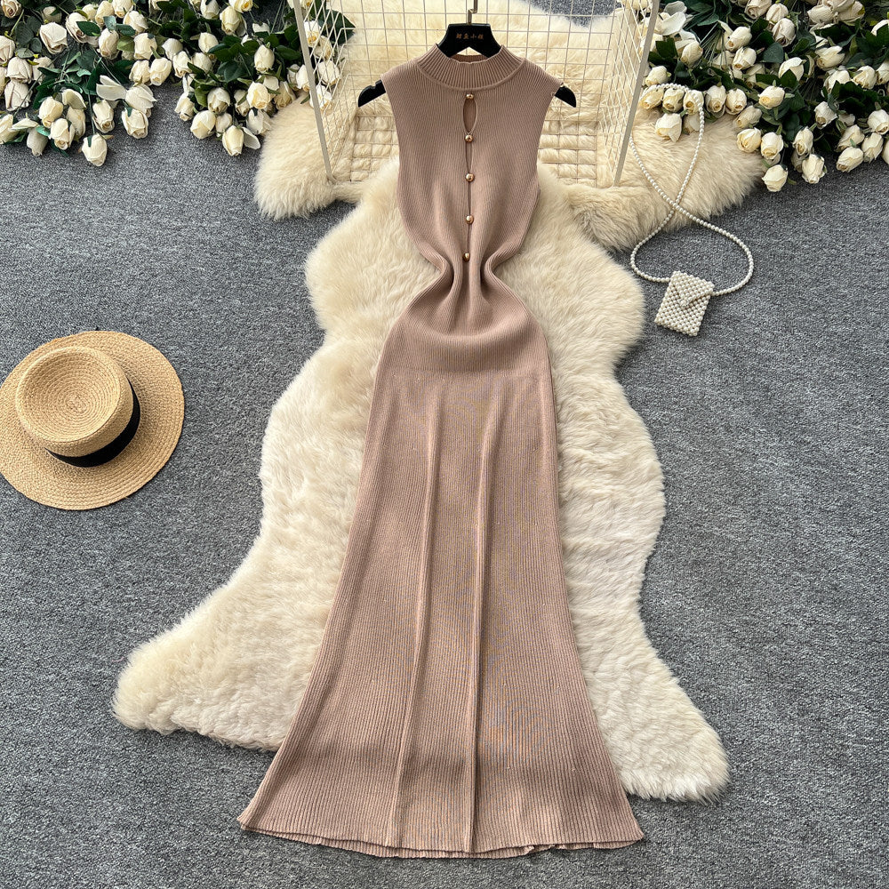 Minimalist sleeveless knit bodycon dress - women's summer high-waisted single-breasted maxi dress - commute-friendly, elegant, and chic