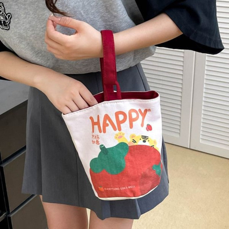 Oil painting style handbag cute print shoulder bag outdoor portable tote bag cartoon student canvas bag wholesale