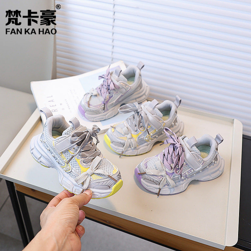 Vancahao kids' sneakers:  autumn new korean style girls' fashion pearl chunky sneakers, breathable running shoes