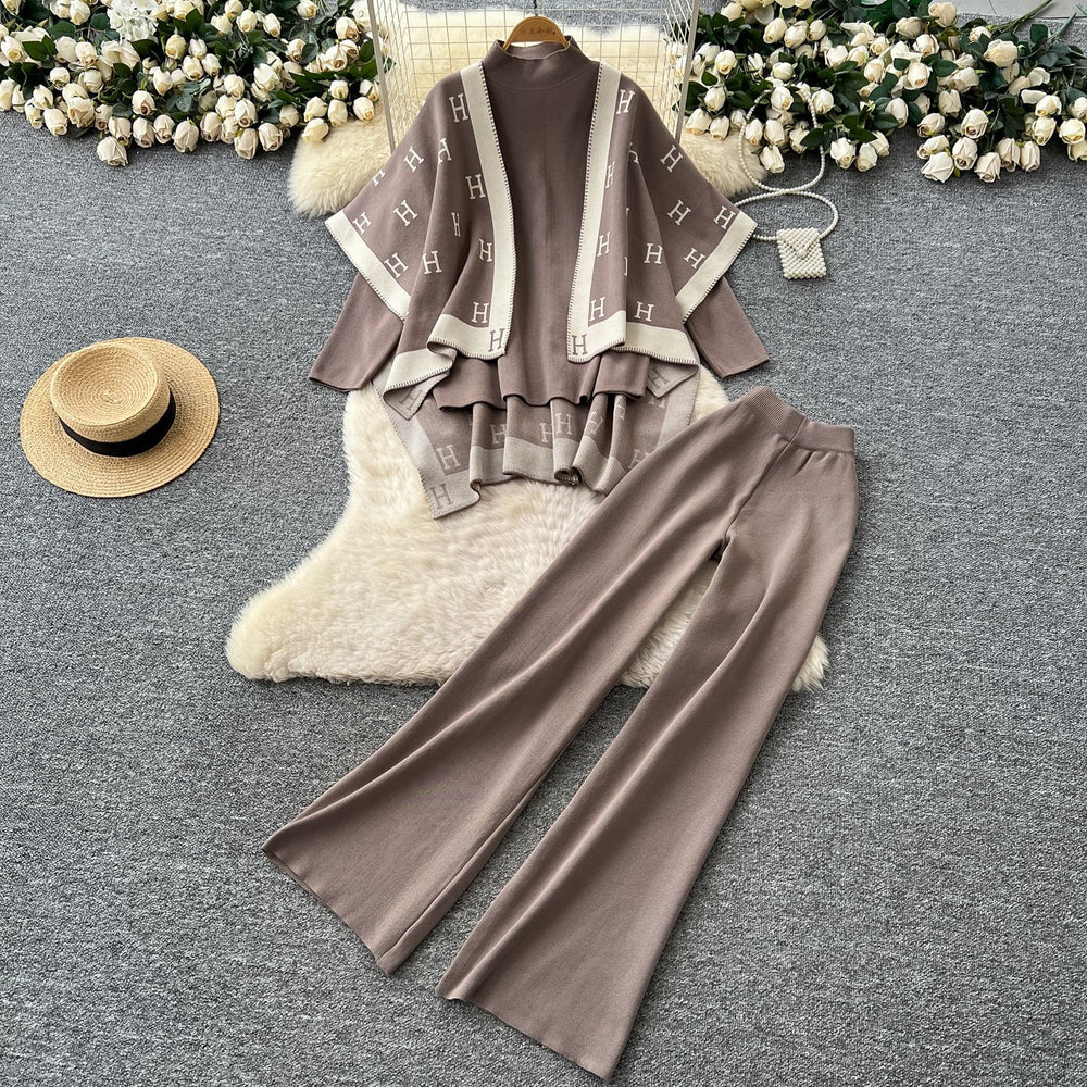European and american fashion color block oversized shawl cardigan + turtleneck long sleeve knit top + high-waisted wide leg pants