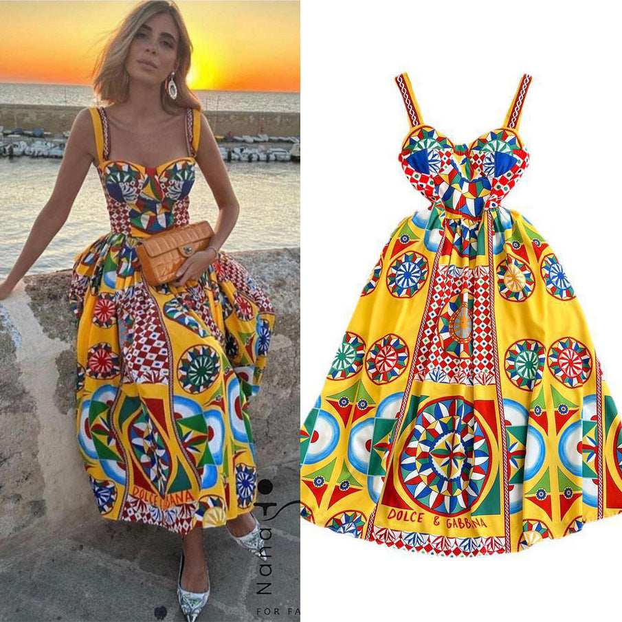 Retro palace baroquetube top suspender long skirt seaside vacation waist slimming look word fixed slotprintingdress