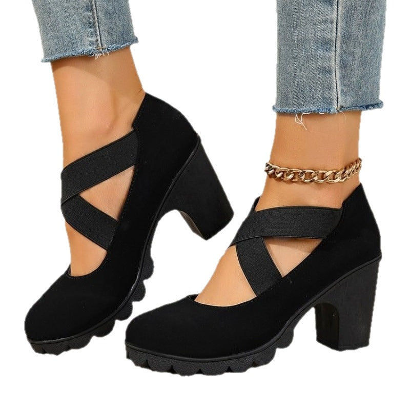New  cross-strap round toe chunky heel pumps -  autumn women's low-cut high heel mary janes - size 43