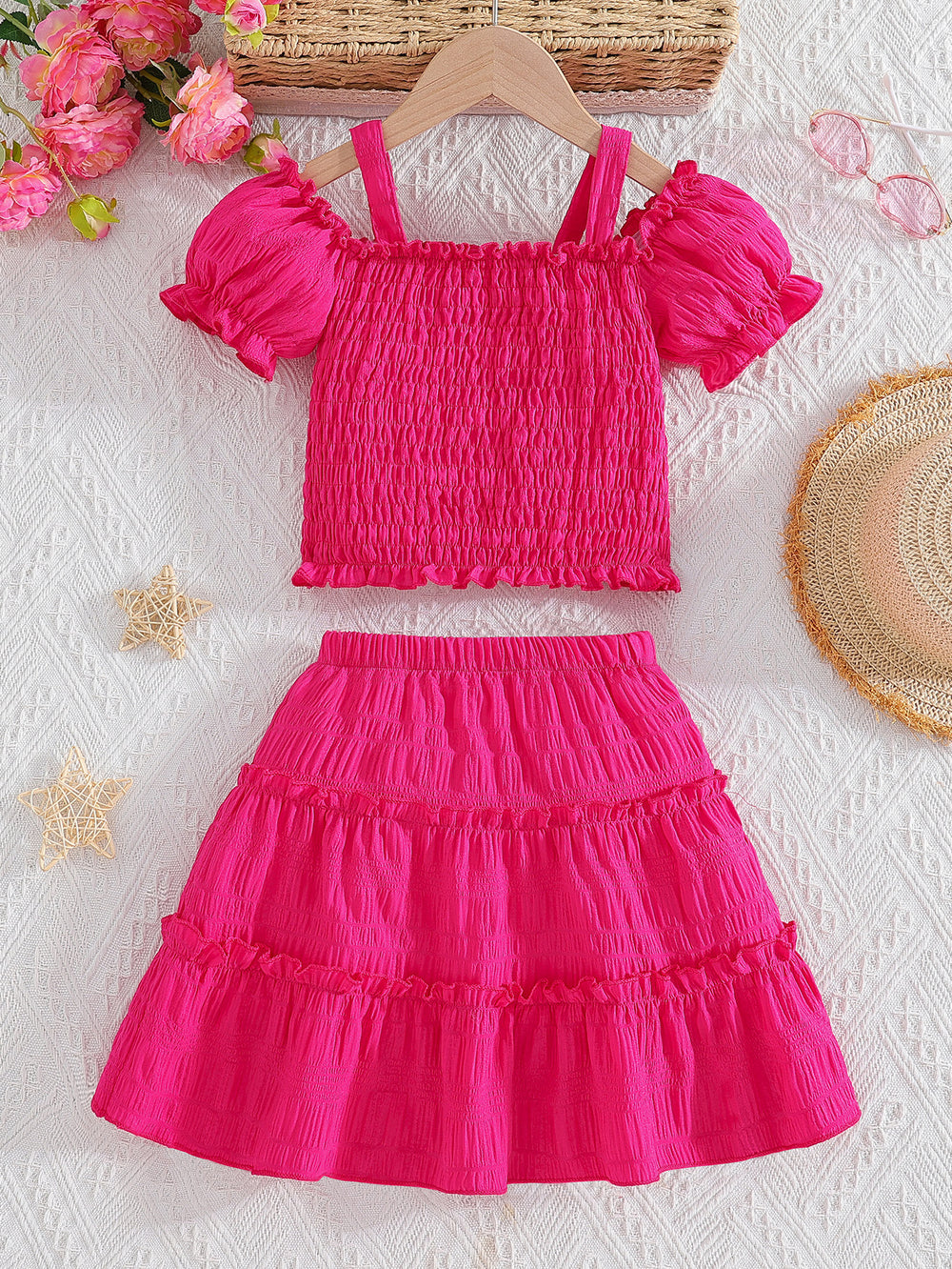 girls' outfit set: peach pink camisole top and tiered skirt - two-piece separates