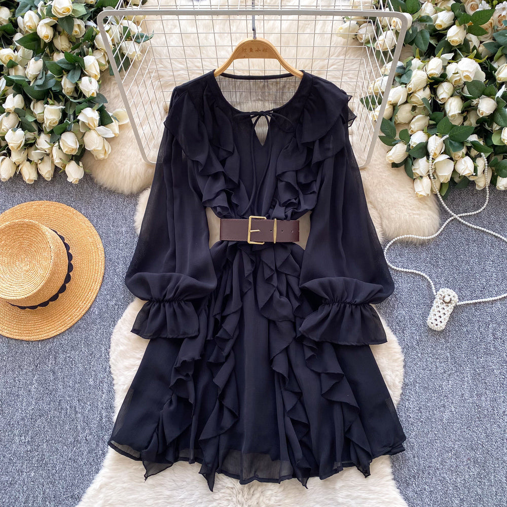 French chic ruffle chiffon dress - women's spring korean style long sleeve cinched waist belted versatile work dress
