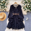 French chic ruffle chiffon dress - women's spring korean style long sleeve cinched waist belted versatile work dress