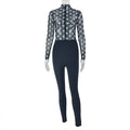 European and american style women's patchwork micro-sheer sexy printed jumpsuit - slim fit, long sleeve, round neck, bodycon romper