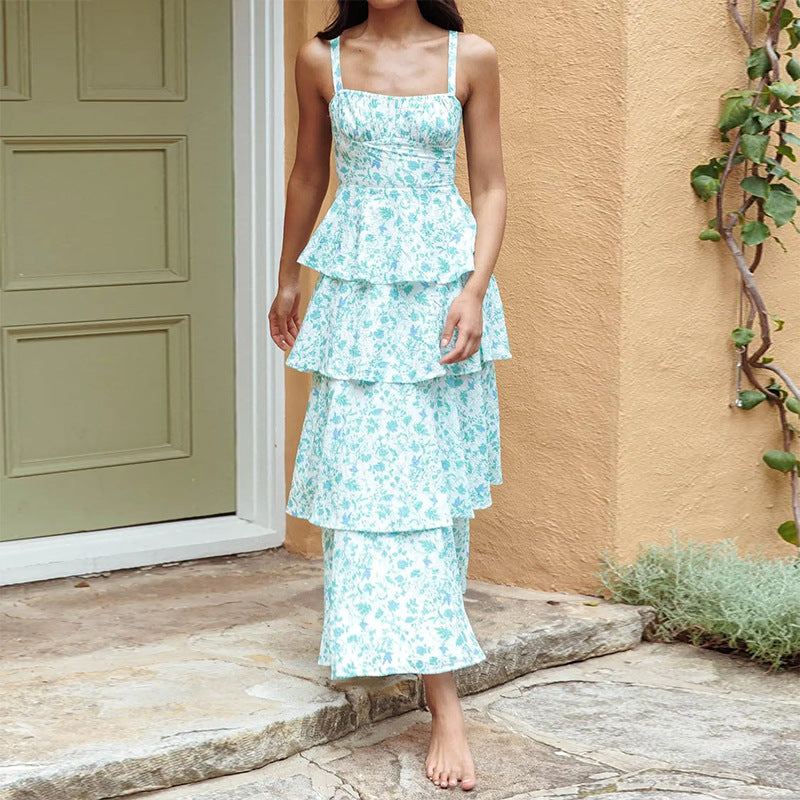 european and american export women's clothing cross-border dress summer fashion fresh floral suspender cake dress long dress