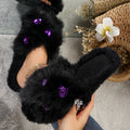 Premium flat fuzzy slippers for women, autumn/winter 2024 new collection, heart-shaped rhinestone embellished plush cotton house slippers